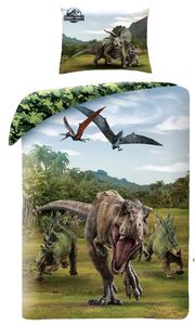 Bettwäsche Set Jurassic World Dinosaurier Forest T-Rex, Pteranodon, Stegosaurus, Triceratops, Bettdecke 140x200 + Kopfkissen 70x90 cm, 100% Baumwolle, mit Reißverschluss