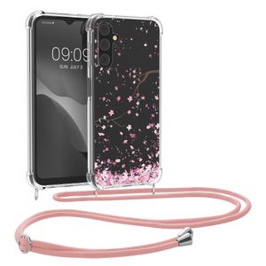 kwmobile Necklace Case kompatibel mit Samsung Galaxy A14 5G Hülle - Silikon Cover mit Handykette - Rosa Dunkelbraun Transparent Kirschblütenblätter
