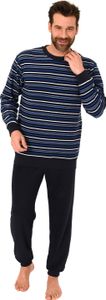 Langer Herren Frottee Pyjama Schlafanzug mit Bündchen - Streifenoptik - 291 101 13 133 ; marine/blau , 58