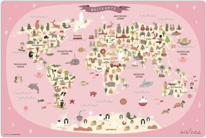 Schreibtischunterlage für Kinder – abwaschbar – Weltkarte in rosa mit Tieren – 60 x 40 cm – aus premium Vinyl - Germany - Mädchen