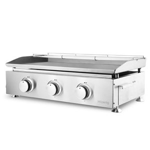 H.Koenig Plancha PLX930 Gas Barbecue 3 U-Burner Stainless Steel Powered with Propane or Butane, Even Heat Distribution, Temperature Adjustable up to 350°C, Non-Slip Feet