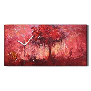 Wandbild Leinwand Bilder Wanduhr 60x30 Fantasie Landschaft mit Einzelbaum Rot - weiße Hände