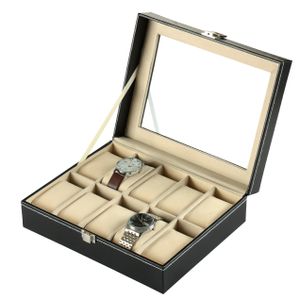 Sinoba Uhrenkoffer Uhrenbox Schaukasten Uhrenkasten Uhrenvitrine Leder-Look Echtglas-Fenster für 10 Uhren