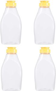 4 Stück Honig Quetschflasche Plastik Honiggläser Plastik Gewürzdosen mit Deckel Honigbehälter für Laden Cafe Küche nach Hause (500G Kapazität)