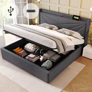 Flieks Čalouněná postel 140x200 cm s USB a Type-C, Boxspring postel s lamelovým roštem, úložný prostor Postel pro mládež Manželská postel s úložným prostorem, povlečení, šedá barva