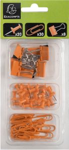 Exacompta - Iderama 14854E - Set mit 58 Clips - bestehend aus 20 Pushpins, 30 Briefklammern (Büroklammern) und 8 doppelten Metallclips, alles in einem Kunststoffetui mit 3 Fächern - Orange