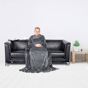 WOLTU Samtweiche TV-Decke mit Ärmel, Fußsack und 2 Taschen aus Flanell Decke Wohndecke Tagesdecke Mikrofaserdecke, 170x200cm Grau