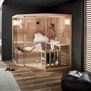 HOME DELUXE Traditionelle Sauna SKYLINE BIG - XL mit Kunststeinwand – 200 x 200 x 210 cm inkl. 8 kW Harvia Saunaofen & Zubehör, ideal für 6 Personen |Saunakabine, Ecksauna