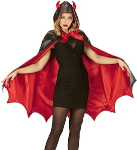 Teufelsumhang mit Kapuze für Damen | Teufelskostüm Schwarz Rot