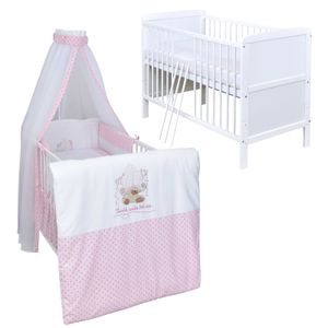 Baby-Delux Babybett Kinderbett Umbaubar 140x70 Weiß Bettset Komplett mit Motiv Twinkle Star Rosa
