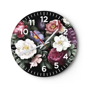 Wanduhr - Rund - Glasuhr - Blumen Blumenstrauß Komposition - 30x30cm - Schleichendes Uhrwerk - Lautlos - zum Aufhängen bereit - Dekoration Modern - Wanddekoration aus Glas - C4AR30x30-5032