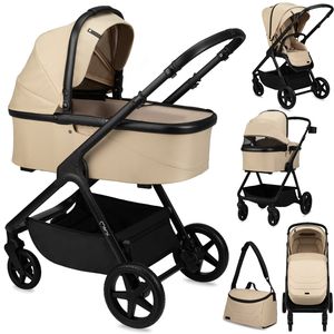 MoMi GISELLE 2in1 Kinderwagen – Babyschale Babywagen Buggy – Zubehör, Tasche, Adapter, Bis zu 22kg – Beige