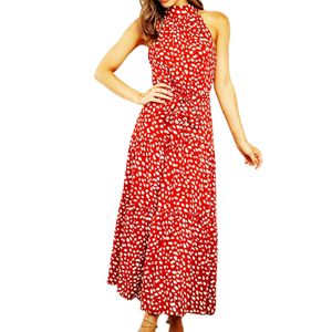 Frauen Dot Print Off Shoulder Neckholder Trägerloses Midikleid Sommerkleid für den Urlaub Rot M