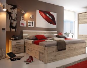 Doppelbett Bettanlage + 2 Nachtkommoden "MARS" Bett Ehebett Schlafzimmer 180 x 200 cm sandeiche weiß