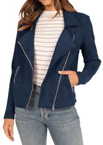 ASKSA Damen Faux Wildleder Biker Moto Jacke Langarm Reissverschluss Kurze Freizeitmaentel, Dunkelblau, M