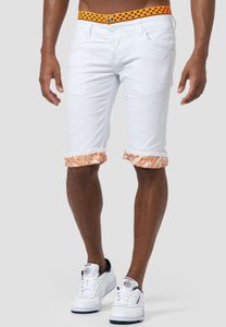 Jaylvis Herren Jeans Shorts Kurze Stretch Capri Hose Bermuda 3/4 Design Slim Fit Biker Pants, Farben:Weiß-Orange, Größe Shorts:32W