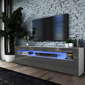 Stilvoller TV-Schrank TV-Lowboard Hebe Zweitürig LED Beleuchtung Modern Lindner Möbel 155cm x 45cm x 35cm Farbe: Weiß matt - Graphit Hochglanz