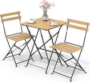 VOUNOT® Bistroset 3-teilig, Klappbar Bistrotisch mit 2 Stühlen, Gartenmöbel Set Balkonset Gartengarnitur, Sitzgruppe Metall, Bistro Set Outdoor, Holz