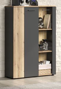 Highboard "Avila" grau und Eiche Vitrine 90 x 132 cm mit Beleuchtung