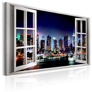 Modernes Wandbild Fensterblick 120x80 - 1 Teile Bilder Fotografie auf Vlies Leinwand Foto Bild Dekoration Wand Bilder Kunstdruck New York Stadt Nacht d-C-0068-b-a