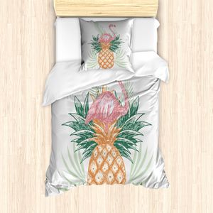 ABAKUHAUS Flamingo Bettbezug Set für Einzelbetten, Ananas Flamingo Leaves, Milbensicher Allergiker geeignet mit Kissenbezug, 135 cm x 200 cm - 80 x 80 cm, Mehrfarbig