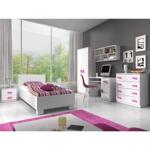 Kinderzimmer-Set Schrank Bett Wandregal Kommode Schreibtisch Nachttisch rosane Griffe Jonas I 01 (Weiß/Weiß)
