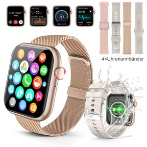 Smartwatch,Smartwatch Damen Herren,1.96 "HD Fitness Tracker Uhr für Android iOS,Pulsmesser, Schrittzähler, 100+Sportmodi, Anruf,IP67, 4 Armbänder-Gold