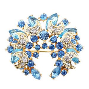 Damen-Brosche mit Vintage-Blumen-Halbmond, elegant, mit Strasssteinen eingelegt, als Geschenk-Himmelblau