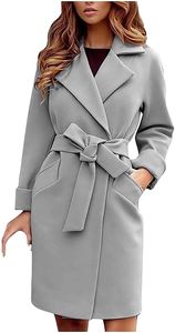 ASKSA Damen Mittellange Winter Mantel Elegant Warmer Trenchcoat Jacken mit Gürtel Dufflecoat, Grau, S