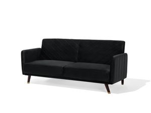 Sofa Schwarz Samtstoff 3-Sitzer Schlaffunktion Retro Modern Wohnzimmer