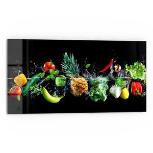 DEQORI Küchenrückwand Glas 80x40 cm 'Sauberes Obst und Gemüse' Spritzschutz Bad Rückwand