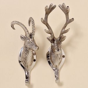 2er Set Geraderobe haken Geweih Replik Hirsch Silber Halter Hirschschädel
