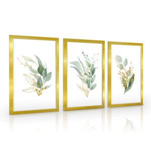 Estika Bilder set mit Gold rahmen -Gold und Grün- Wählen größe (3x A3 ) - Moderne deko poster set, Wandbild wohnzimmer oder schlafzimmer