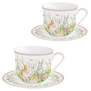 2 x Happy Easter Jumbotasse + Untertasse Porzellan Tee Kakao Kaffee Ostern bunt