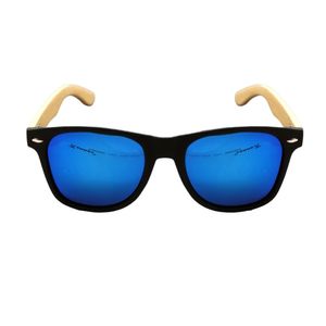 Retro Nerd Sonnenbrille Polarisiert Blau Verspiegelt Echte Holz Bambus Bügel Nerdbrille Schwarz mit Brillenbox  Rennec ®