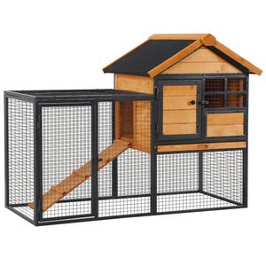 PawHut Kaninchenstall erhöhtes Haustier Haus Kleintierstall mit Freilaufgehege, Abschließbare Tür Outdoor Holz-Metall Hellgelb 122 x 63 x 92 cm