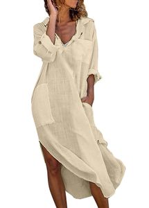 ASKSA Damen Elegant Kleider Einfarbig Lang Hemdkleid Midi Tunika Sommerkleider mit Taschen, Khaki, L