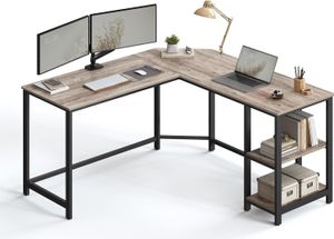 Biurko VASAGLE, biurko narożne w kształcie litery L z 2 półkami, biurko oszczędzające miejsce w industrialnym stylu, 138 x 138 x 75 cm, szaro-czarne
