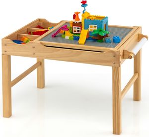 GOPLUS Kindertisch mit umkehrbarer Tischplatte, Aktivitätstisch aus Kiefernholz mit Papierrollenhalter, 3M Papier & großen Stauraum, Bausteintisch zum Basteln, Lesen, Spielen für Kinder (Natur)