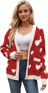 ASKSA Damen Strickjacken V-Ausschnitt Herz Gedruckt Valentinstag Suesser Strickcardigan Herbst Winter Cardigan Pullover (Rot,M)