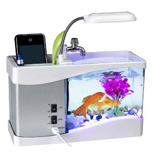 3W 1.5L Mini Aquarium LED Licht Beleuchtung Filter Wasserfiltration Aquarium mit Stifthalter & LCD Uhr Schreibtisch Dekoration