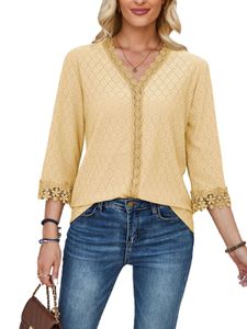 Damen Blusen T-Shirt Elegante Tunika Shirt Lose Spitze Trim V-Ausschnitte Sommer Tops Gelb,Größe 2XL