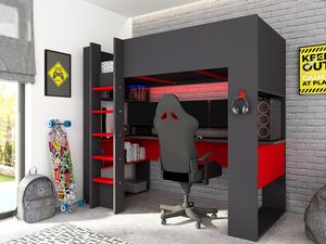Hochbett mit Gaming-Schreibtisch & Stauraum NOAH - 90 x 200 cm - Mit LEDs - Anthrazit & Rot