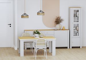 3er-Set für Wohnzimmer Esszimmer Vitrine 60cm Kommode 160cm Tisch 180cm WEIß EICHE HICKORY GOLD mit goldenen Griffen - AGAWA