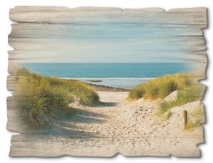 ARTland Holzbild Vintage Strand mit Sanddünen und Weg zur See Größe: 40x30 cm