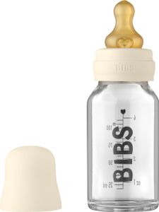 BIBS Baby Glass Bottle 110ml, Vermindert Koliken, Runder Sauger aus Naturkautschuklatex, Unterstützt das Stillen. Hergestellt in Dänemark, Complete Set - 110 ml, Ivory