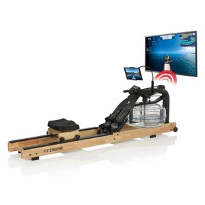 FitEngine Rudergerät Smart Naturholz Rudermaschine Wasserwiderstand Wasser-Rudergerät Ruderzugmaschine Fitness Display Heimtrainer 210x50x60cm