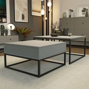 Moderner Couchtisch ELEGANT 2in1 Tisch mit Schublade und Stauraum 2er Set Push Open Wohnzimmertisch Grau Metallrahmen Stapelbar Moderner Couchtisch ELEGANT 2in1 Tisch mit Schublade und Stauraum 2er Set Push Open Wohnzimmertisch Grau Metallrahmen Stapelbar