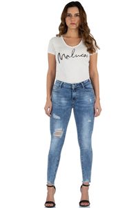 Malucas Damen Jeans Skinny Hose mit Normalem Bund und Ausgefranstem Saum, Größe:38, Farbe:Blau