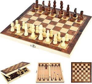 Schach aus Holz 24x24cm, 3 in 1 Schachspiel Schachbrett, Chess Board Set, Tragbares faltbares